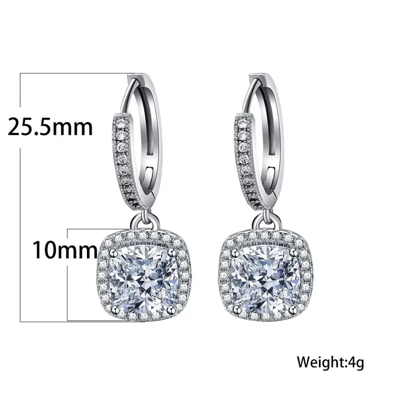 

Elegant Female White Crystal Drop Earrings Charm Square Wedding Earrings For Women Classic Silver Color Love Party Earrings