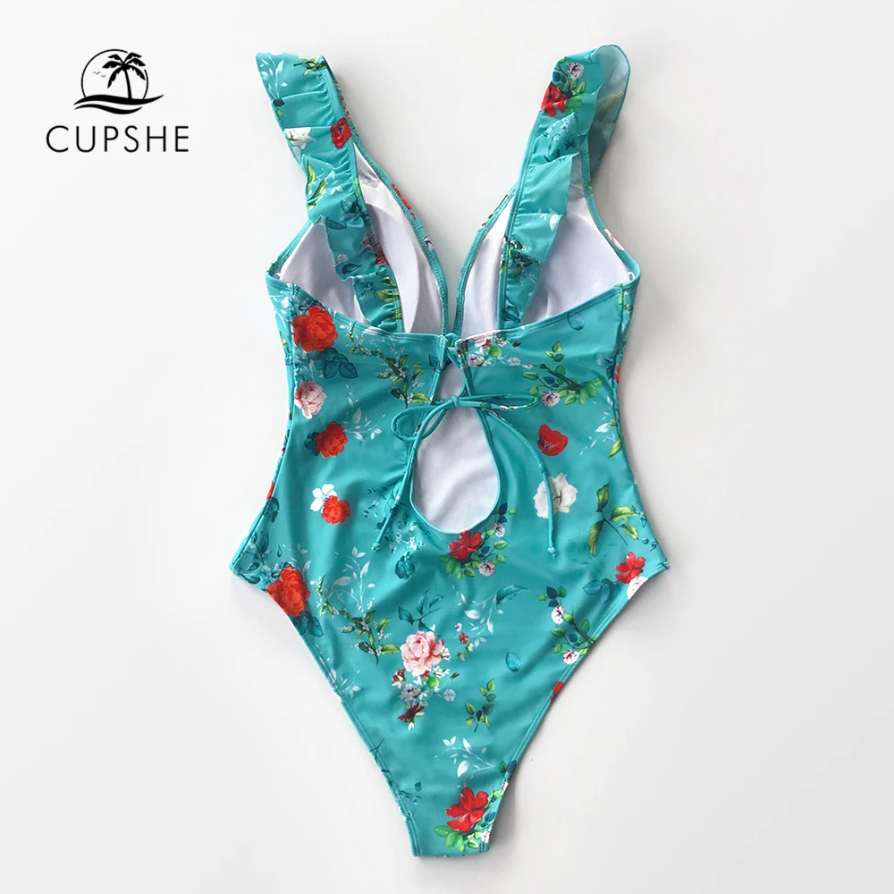 CUPSHE Teal цветочный гофрированный Цельный купальник с v образным вырезом