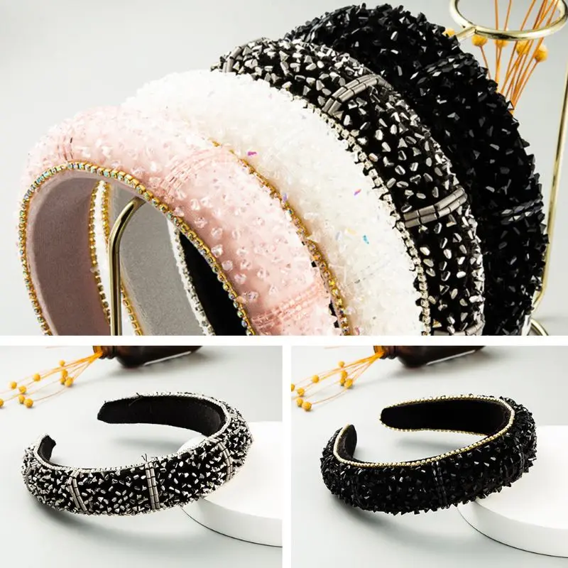 

Baroque Velvet Jewelry Headband Glitter Rhinestone Chain Hair Hoop Sponge Padded Faux Crystal Embellished Bandana