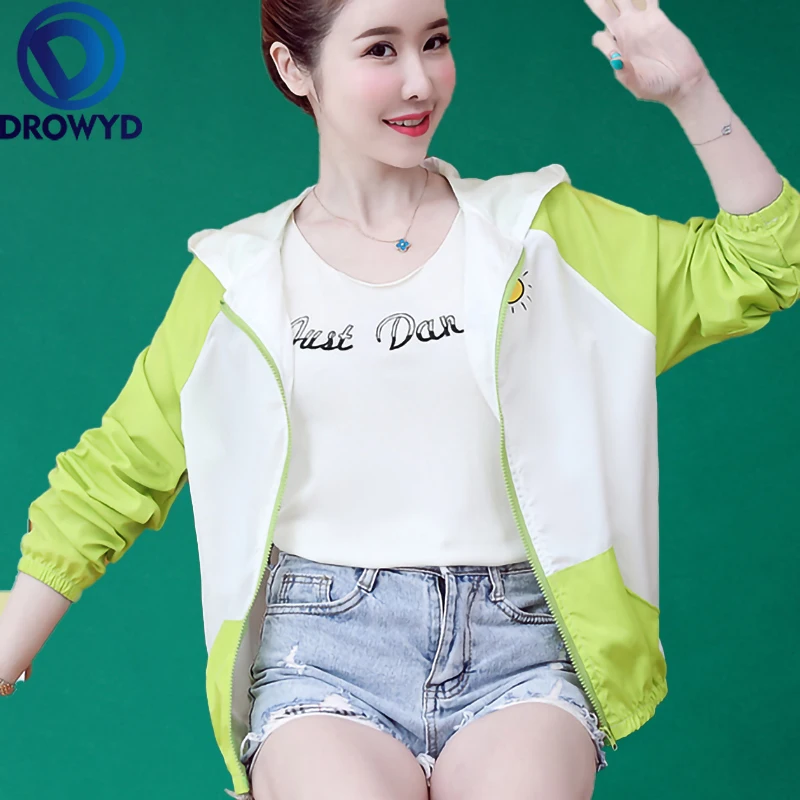 

Fashion Green Print Hooded Thin Baseball Jacket Women New Casual Long-sleeve Bomber Top Breathable Sunscreen Cardigan Loose Coat