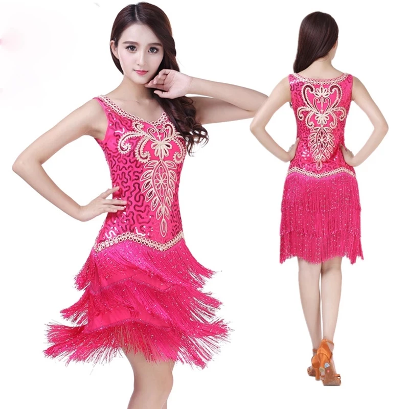 

Women Latin Dance Dress Ballroom Competition Dance Embroidery Clothes Sequins Tango rumba Costume Set Fringe Salsa Dresses