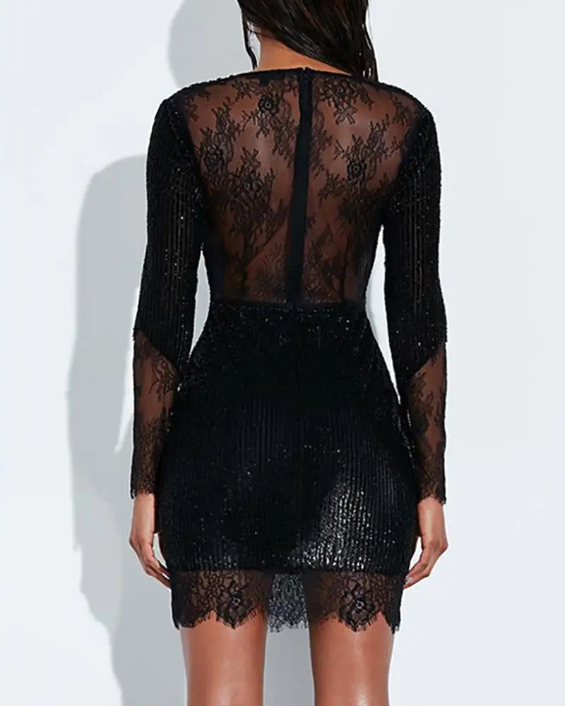 

Ninimour Women Sexy Bodycon Black Dress Vestidos Party Dresses Long Sleeve Glitter Sequin Patchwork Lace Insert Evening Vestidos