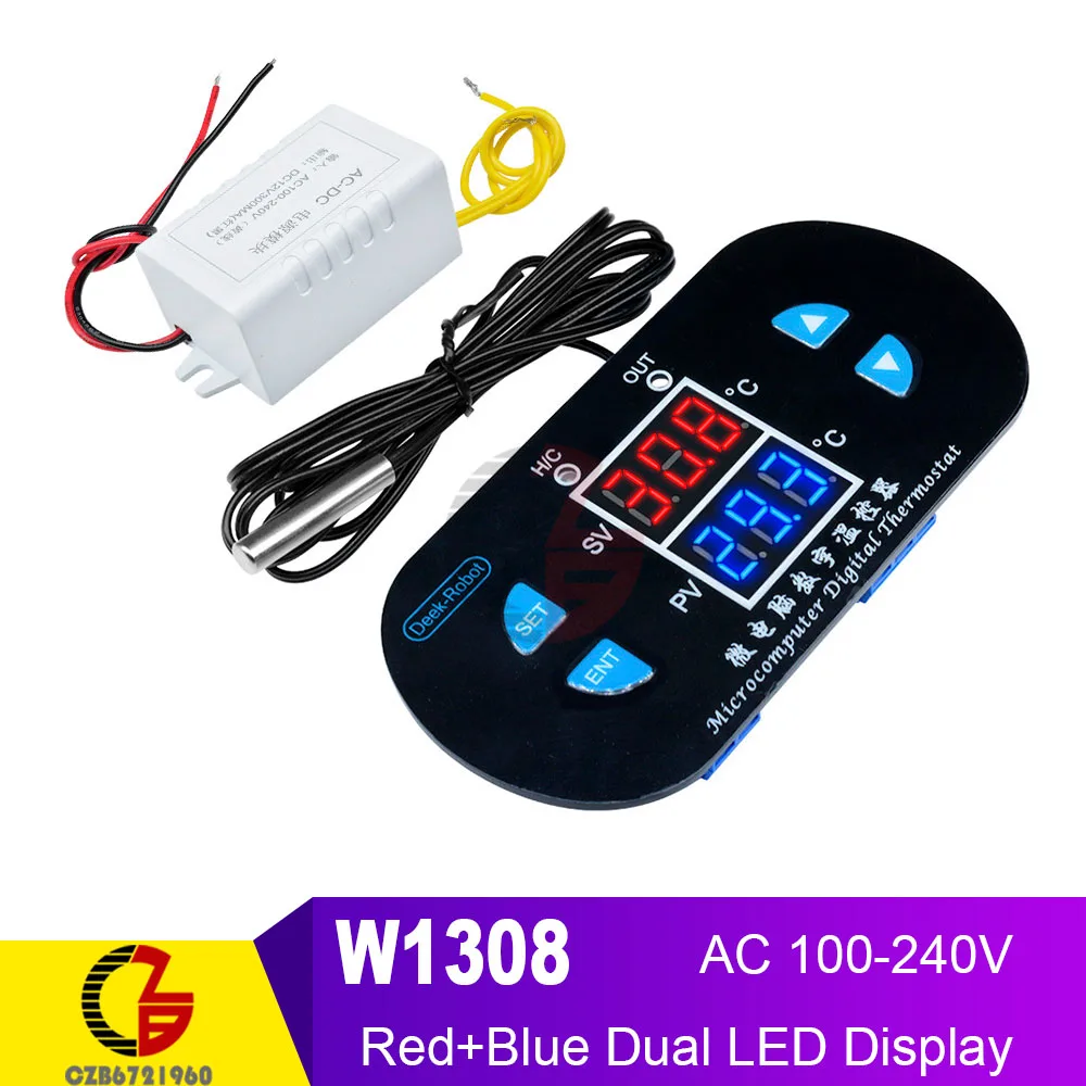 Red-Blue 100-240V Двойной светодиодный термостат с цифровым терморегулятором, 220 В, 110 В, 12 В, переменный ток, домашний термометр для автомобиля, терморегулятор NTC, термистор - Цвет: Red-Blue 100-240V