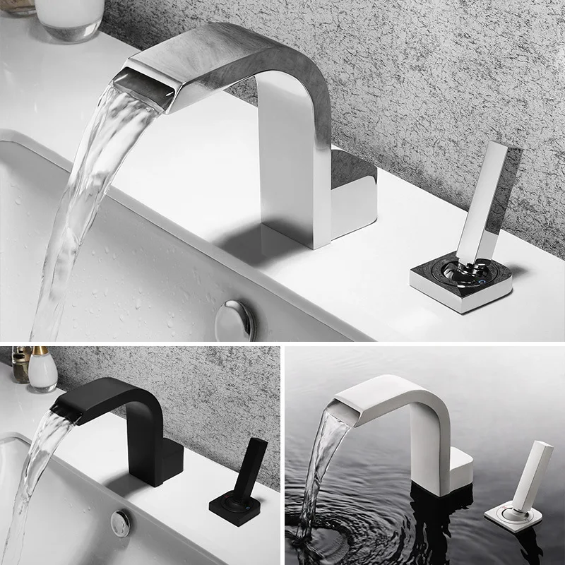 

Fashion Waterfall 2 Hole 1 handle Bathroom sink Faucet Brass Cold hot water Basin mixer Tap Top Quality,Black,White,Chrome