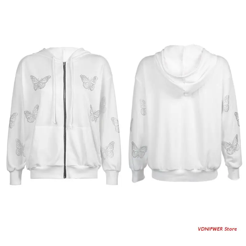 

Women Zip Up Drawstring Hoodie Jacket Butterfly Diamond Loose Sweatshirt Coat