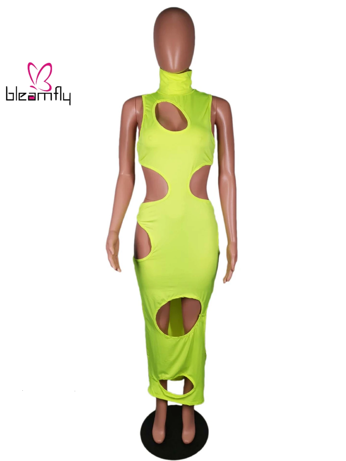 Осеннее женское платье с вырезами без рукавов со стоячим воротником макси миди