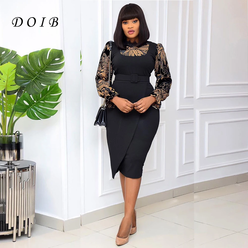 

DOIB African Dress for Women Black Patchwork Office Lady Split Pencil Dress Vintage Work Wear Sashes Dress