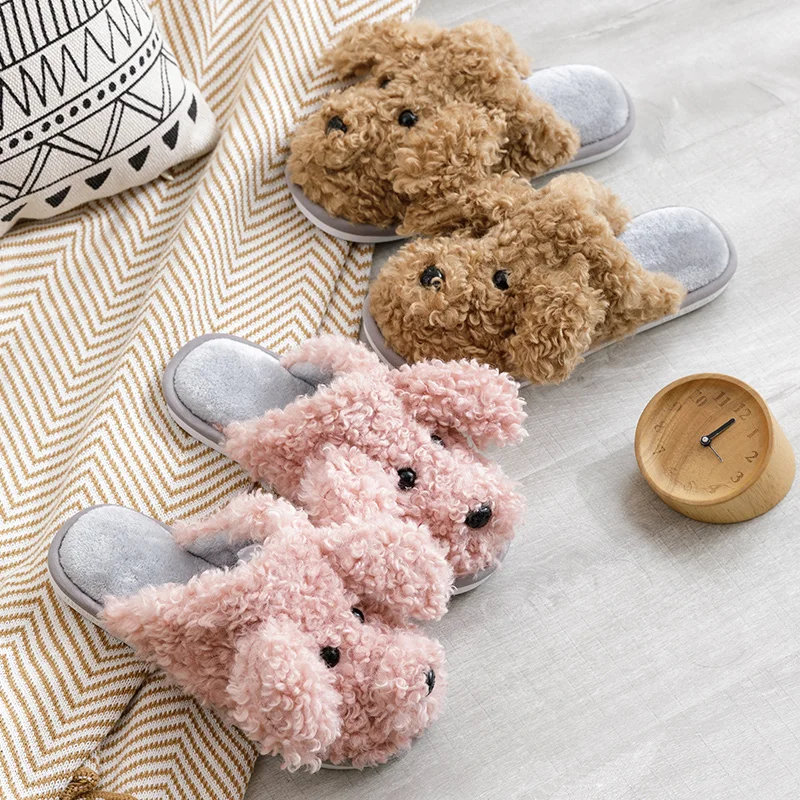 

Women Slippers for Home 2020 Cute Dog Plush Fur Slippers Ladies Indoor House Slippers Warm Slip On Female Slipper Non Slip