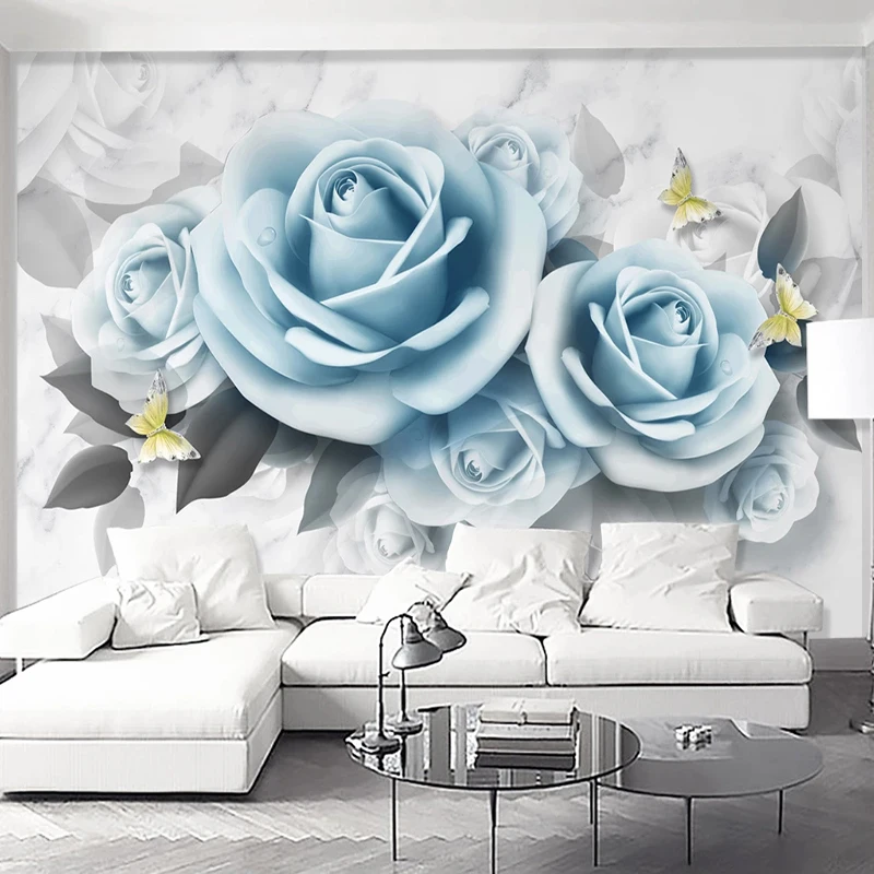 

Drop Shipping Custom Mural Wallpaper 3D Stereo Blue Rose Flowers Wall Painting Bedroom Romantic Home Decor Waterproof Stickers