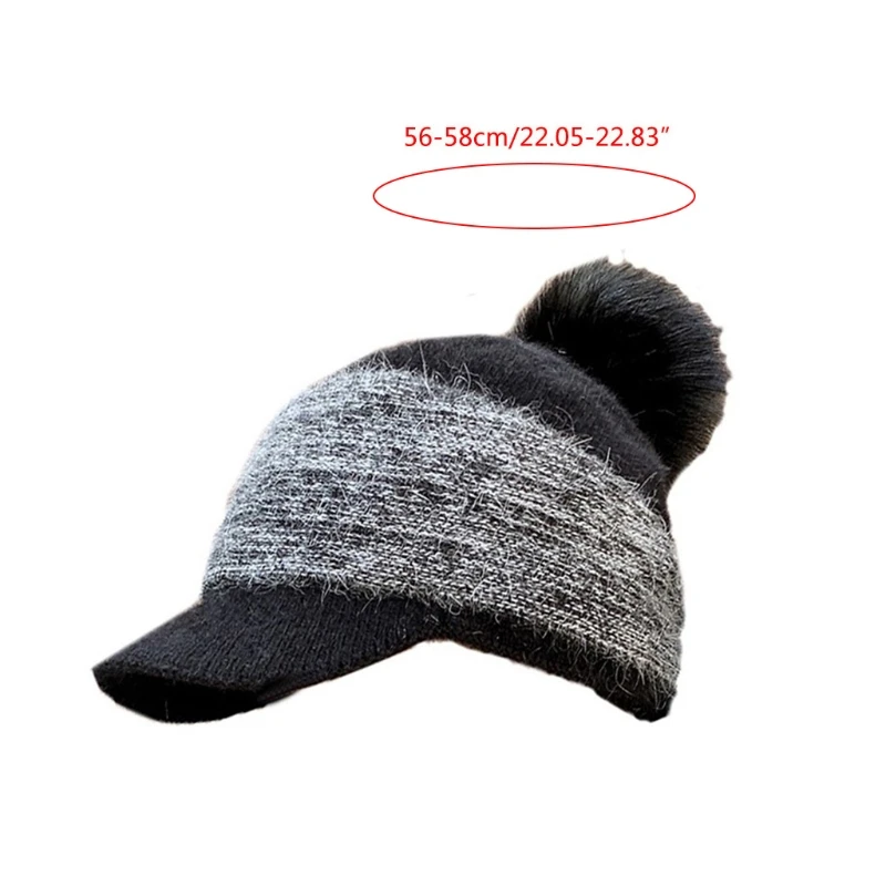 

Women Winter Thick Warm Fuzzy Knitted Beanie Cap with Visor Bill Cute Pompom Cold Weather Windproof Skullies Baseball Cap Ear Wa