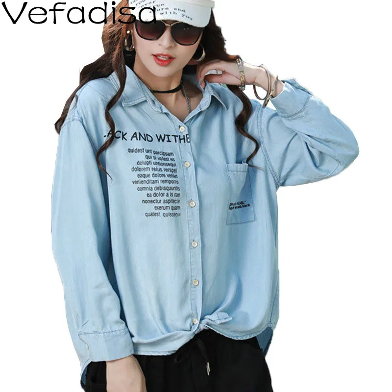 Vefadisa Весна буквы печатный рисунок Джинсовая блузка для женщин 2021 размера плюс на
