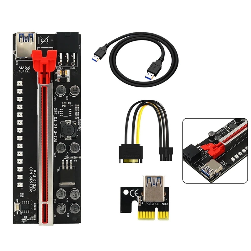 

Ver12 Pro PCIE Riser 1X to 16X Graphic Extension with 3528 Colorful Flash LED for BTC Mining Power Adapter Card