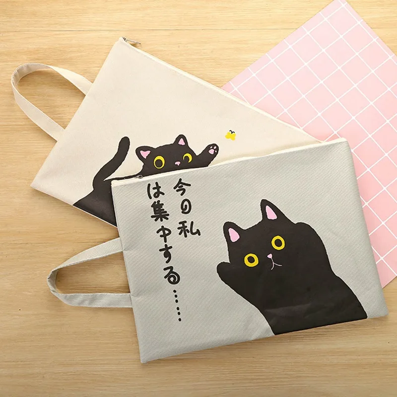

A random cat canvas A4 file storage bag cartoon cute large capacity stationery