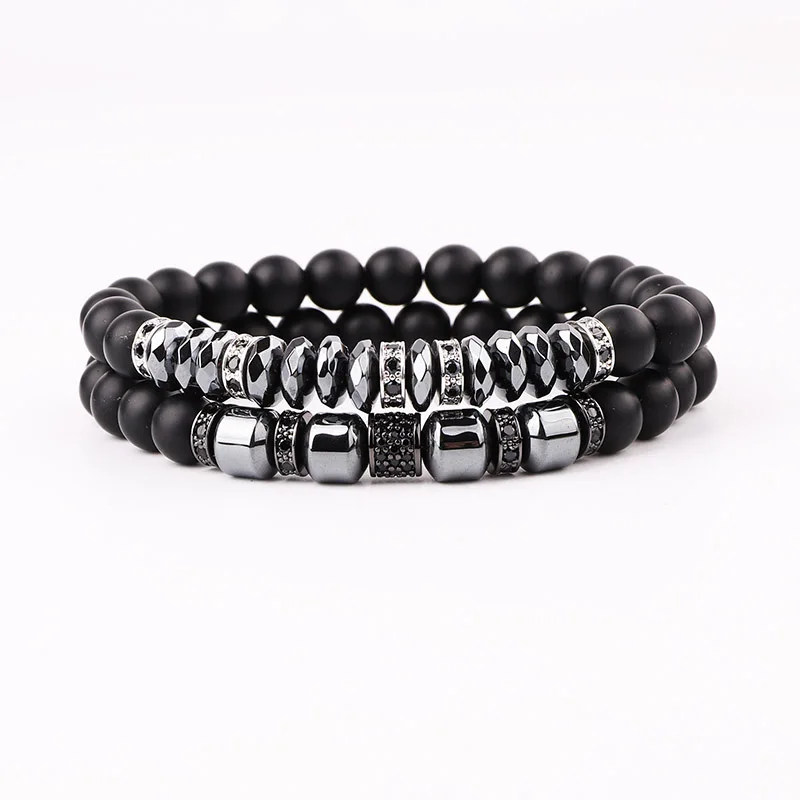 

JARAVVI Natural Stone CZ Pave Charm Matte Onyx Elastic Beads Bracelet Set Men Jewelry Gift