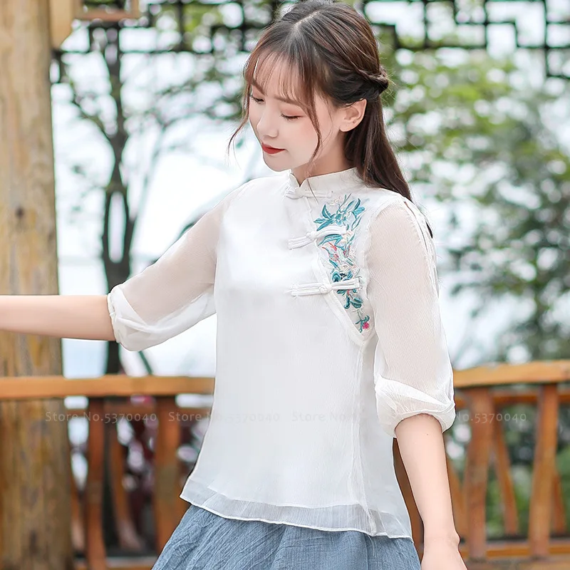 Женская элегантная шифоновая блузка Hanfu топы Ципао корейская мода рубашки в