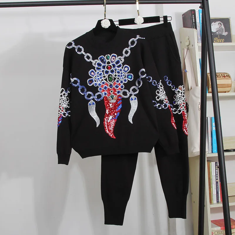 

Черный вязаный комплект для женщин костюмы ручной работы с блестками, пуловер свитер узкие брюки Верхняя одежда из двух частей женский своб...