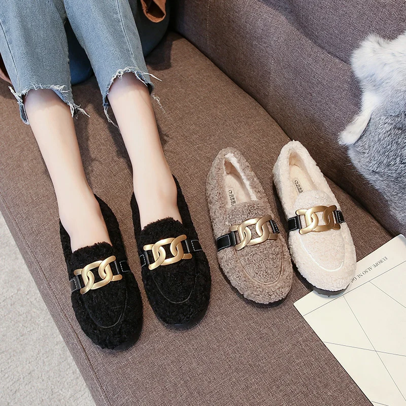 Metal Chic Chain Woolen Fur Moccasins Shoes Women Fleeces Loafers Winter Add Cashmere New Woman Plush Flats Plus Size 41-43