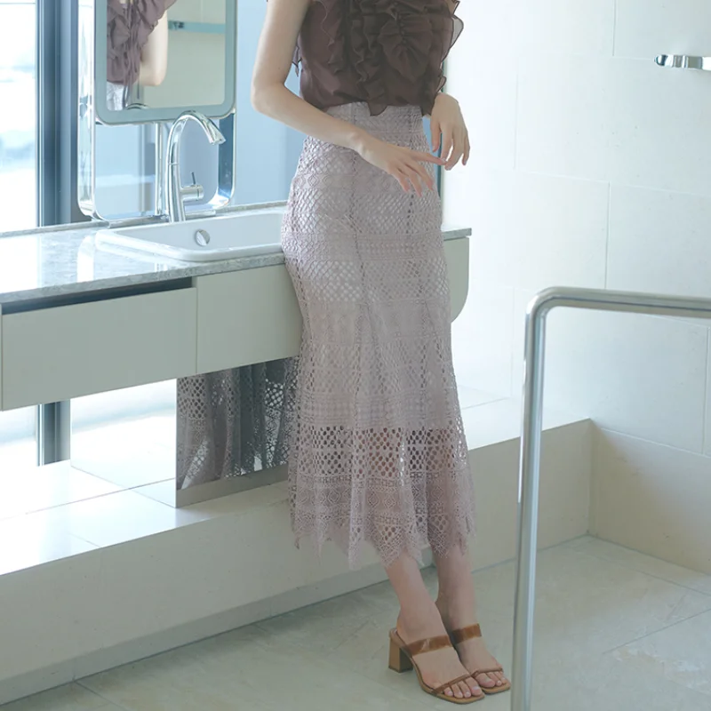 

FAKUNTN 2021 Style Temperament Bodycon Trumpet Skirt Elegant Hollow Out Lace