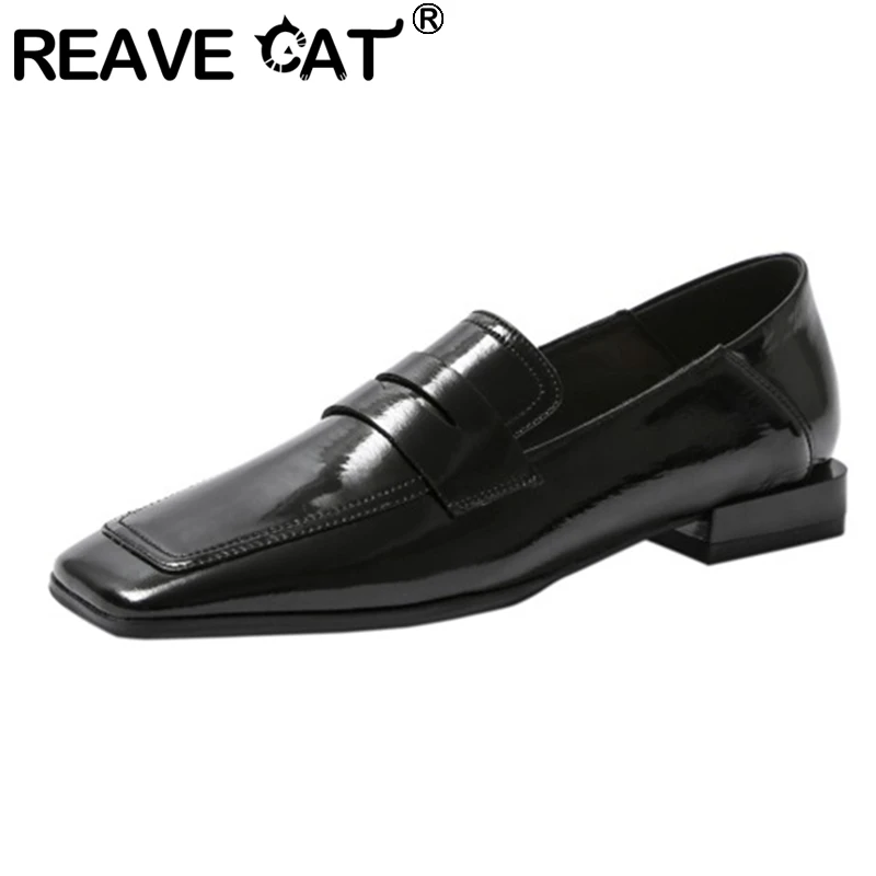 

REAVE CAT 2021 Genuine Leather Lady Flats Slip Stepped On Lofers Square Toe 1.5cm Chunky Heel Size 34-42 White Black Beige A4318