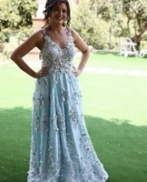 light blue evening dress a line v neck tank backless lace appliques sequined beads floor length sweep train party prom gown new