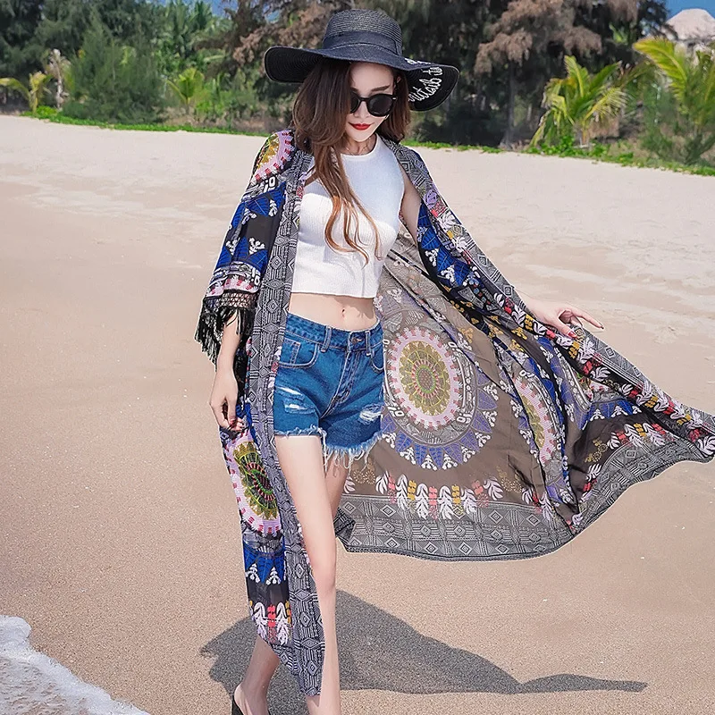 Модное женское длинное кимоно Cheshanf с тропическим цветочным принтом кардиган