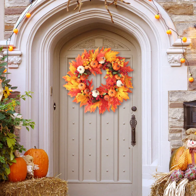 

Осенний тематический дверной венок, искусственные тыквы, ягоды, сосна, конус, клен, рандомная работа, материал из ротанга на Хэллоуин, домашн...