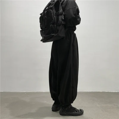 Home-made design dark warm fleece drawstring design straddle pants