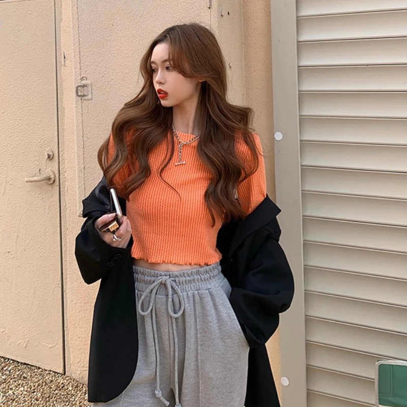 

Women's Long-Sleeved T-shirt 2021 Spring New Korean Style Western Style Crop-Top Short Top BM Style Slim-Fit Slimming Bottoming