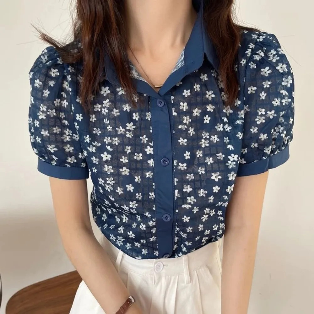 

Chic Retro Organza Flower Lapel Knitted New Summer Cardigan Shirts Girls Sweet Loose All Match Florals Blouses Women Tops