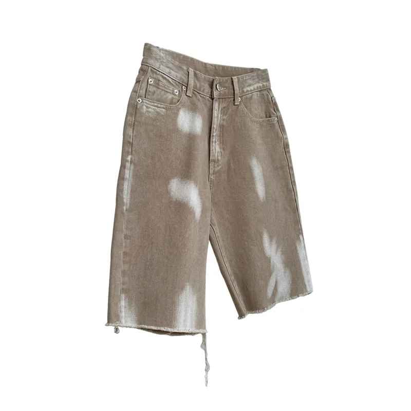 

GVUW Women Wide Leg Khaki Denim Burrs Shorts New Casual High Waist Loose Fit Lady Fashion Tide Spring Summer 2021 20D960