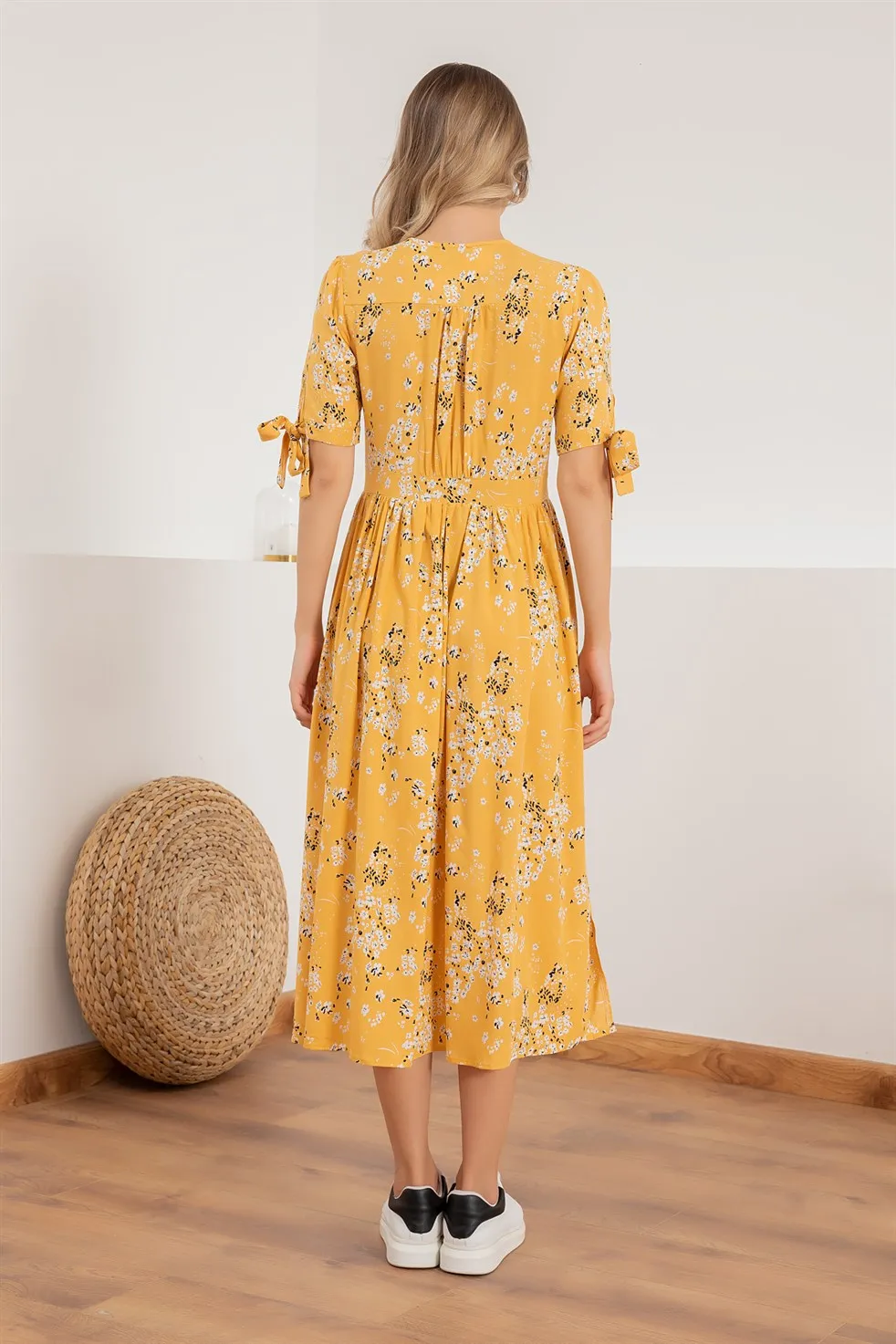 

Sleeve Lacing Floral Dress-YELLOW