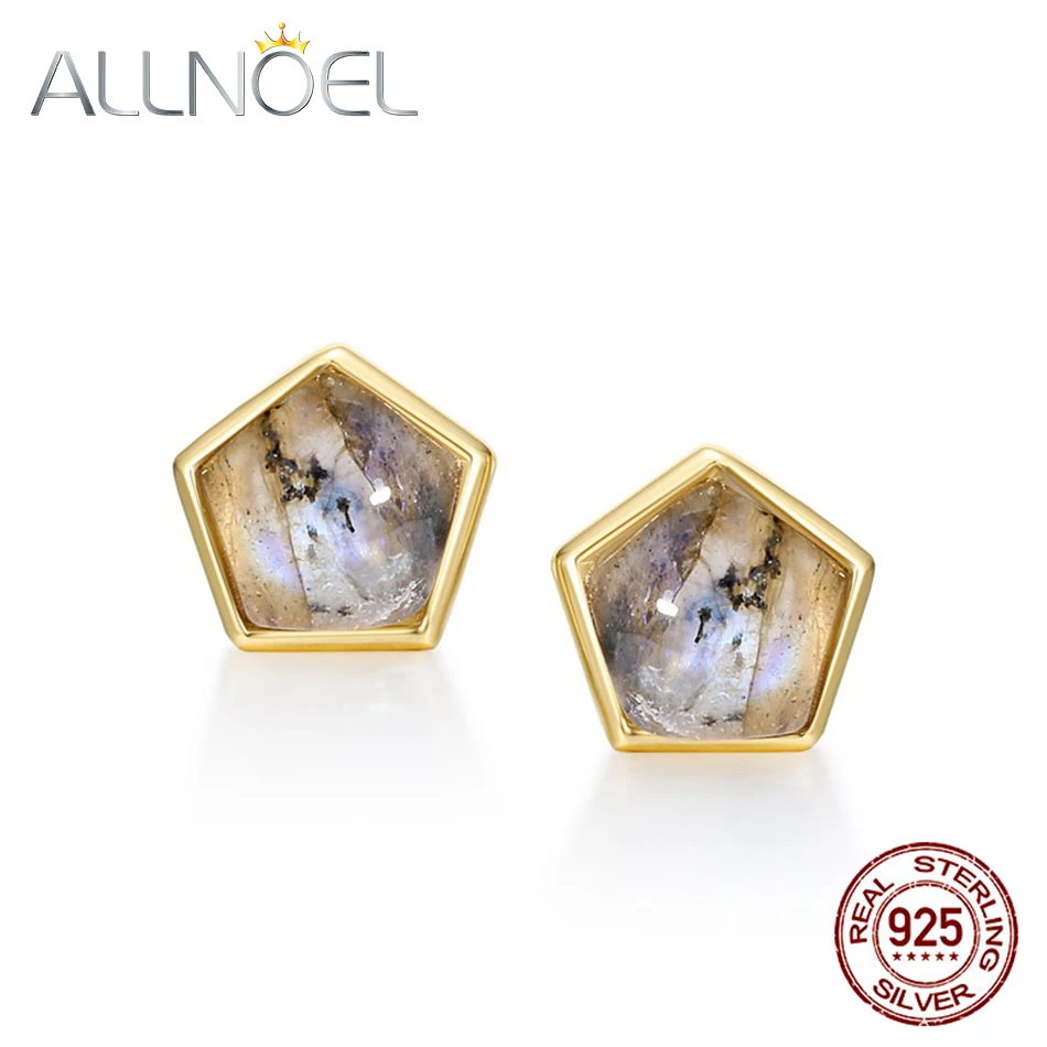 

ALLNOEL 2020 New Unusual Earrings For Women Pentagon Natural Labradorite Solid 925 Sterling Silver Stud Earrings Christmas Gift