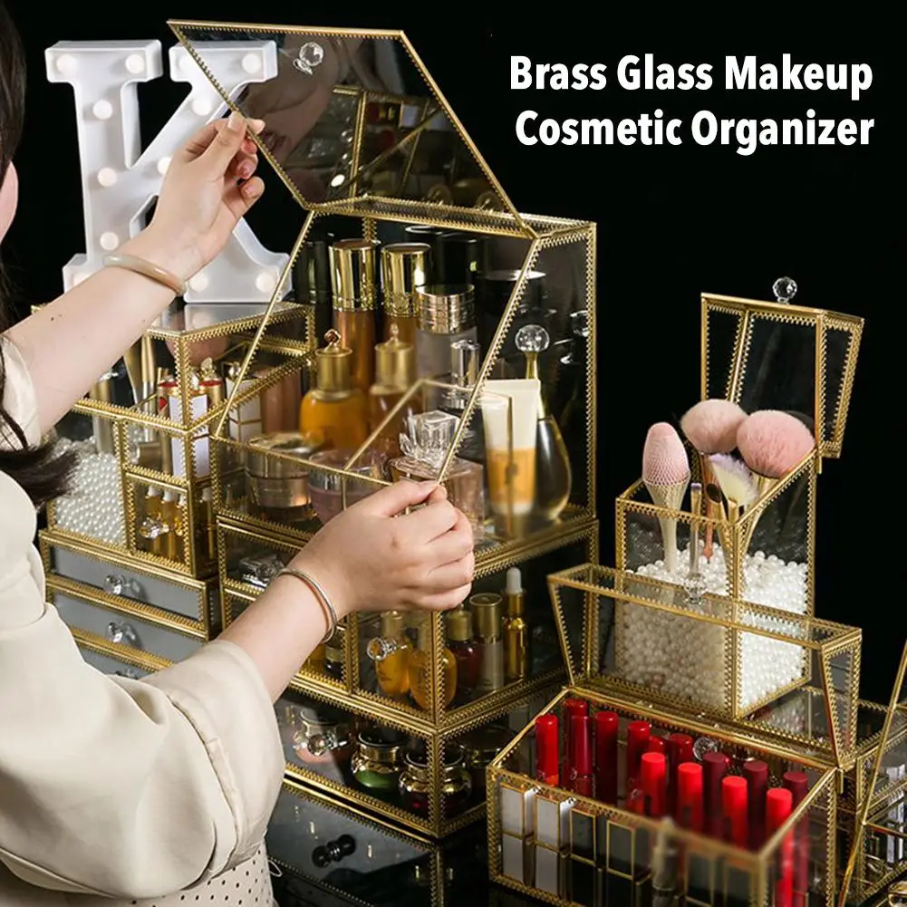 Ретро зеркало стекло по уходу за кожей Органайзер Золотой комод красота дисплей