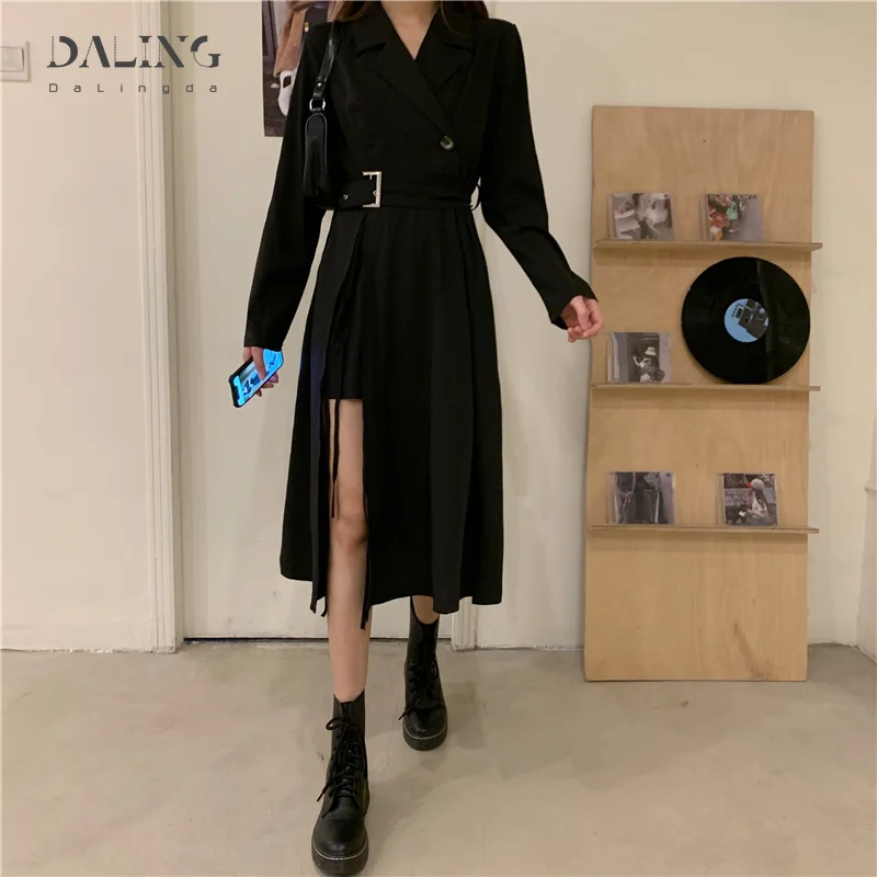 

Collect waist Suit Dress Women Black Slim High Waist Deep V Long Sleeve designer Split skirt Dress 2021 Fashion streetwear