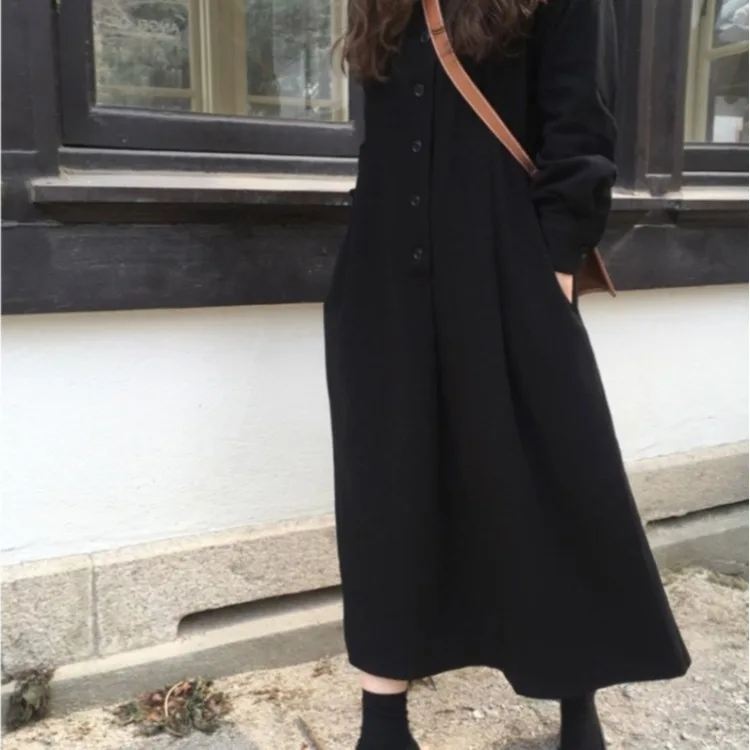 

Модное Хлопковое платье с высокой талией и длинным рукавом, Осень-зима 2020, однотонная элегантная Милая Черная длинная юбка с V-образным выре...