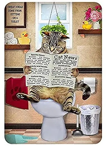 

LZNANG Metal Tin Sign Wall Decor Funny Cat Reading Newspaper On The Toilet Funny Vintage Tin Sign Wall Plaque Poster for Cafe