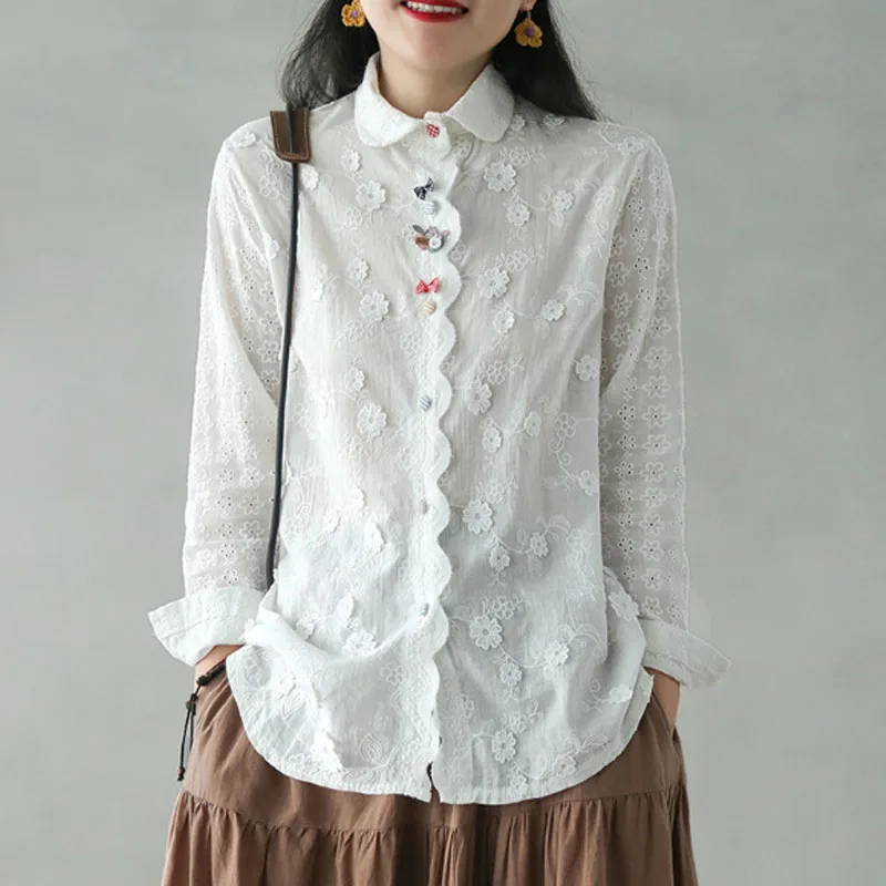 Новинка 2020 Весенняя свободная однобортная рубашка с вышивкой и отложным