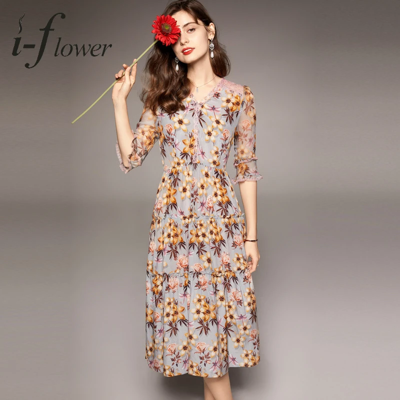 

100% Natural Silk Mulberry Dress for Women 2022 Summer Elegant Printing Bodycon Dress A-Line V Neck Lace Patchwork Floral Robe
