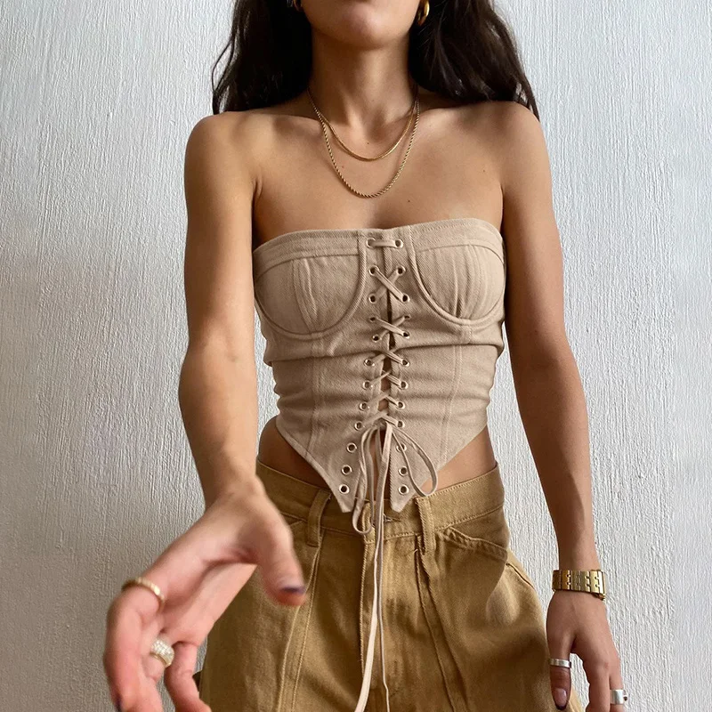 

Khaki Corset Top Lace Up Vintage Tube Tops Skinny Streetwear Women Beach Summer Sweats Bustier Vest Retro Party Clothes