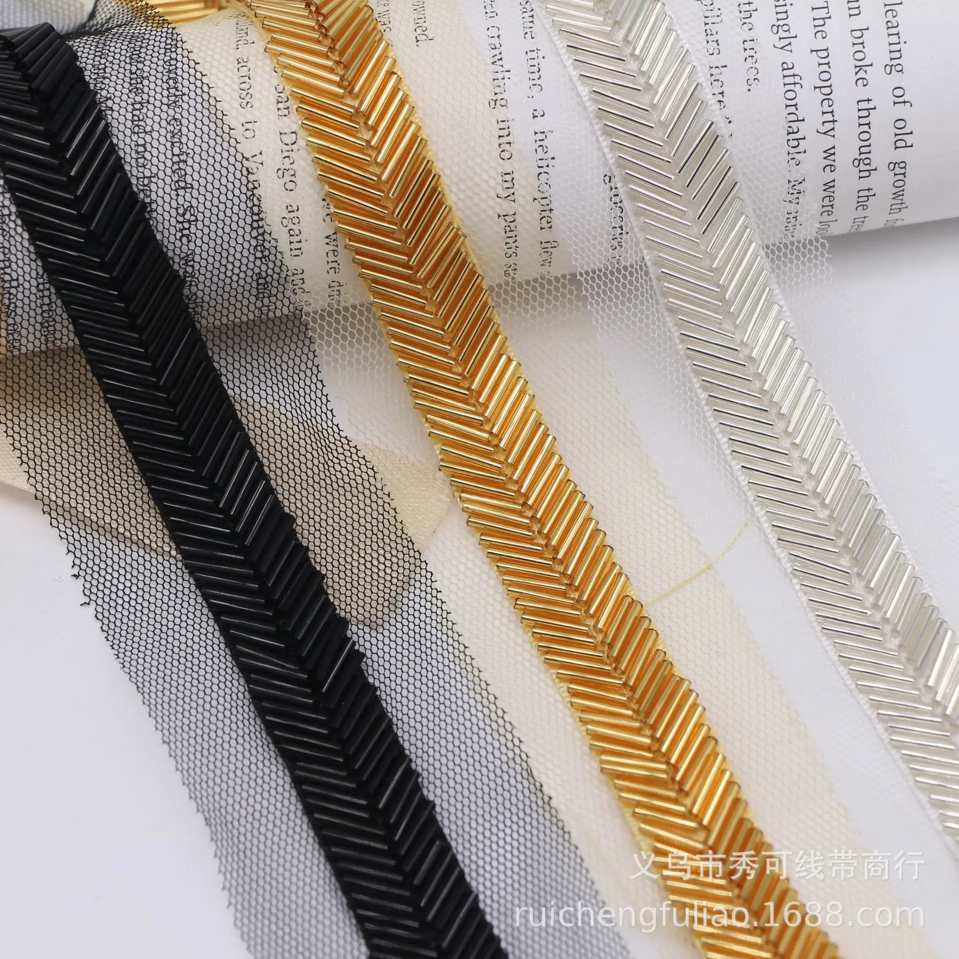 

10Yards Mesh Gold Silver Herringbone Heavy Hand Sewing Beaded Lace Webbing Diy Clothing Accessories Hair Accessories Decoration