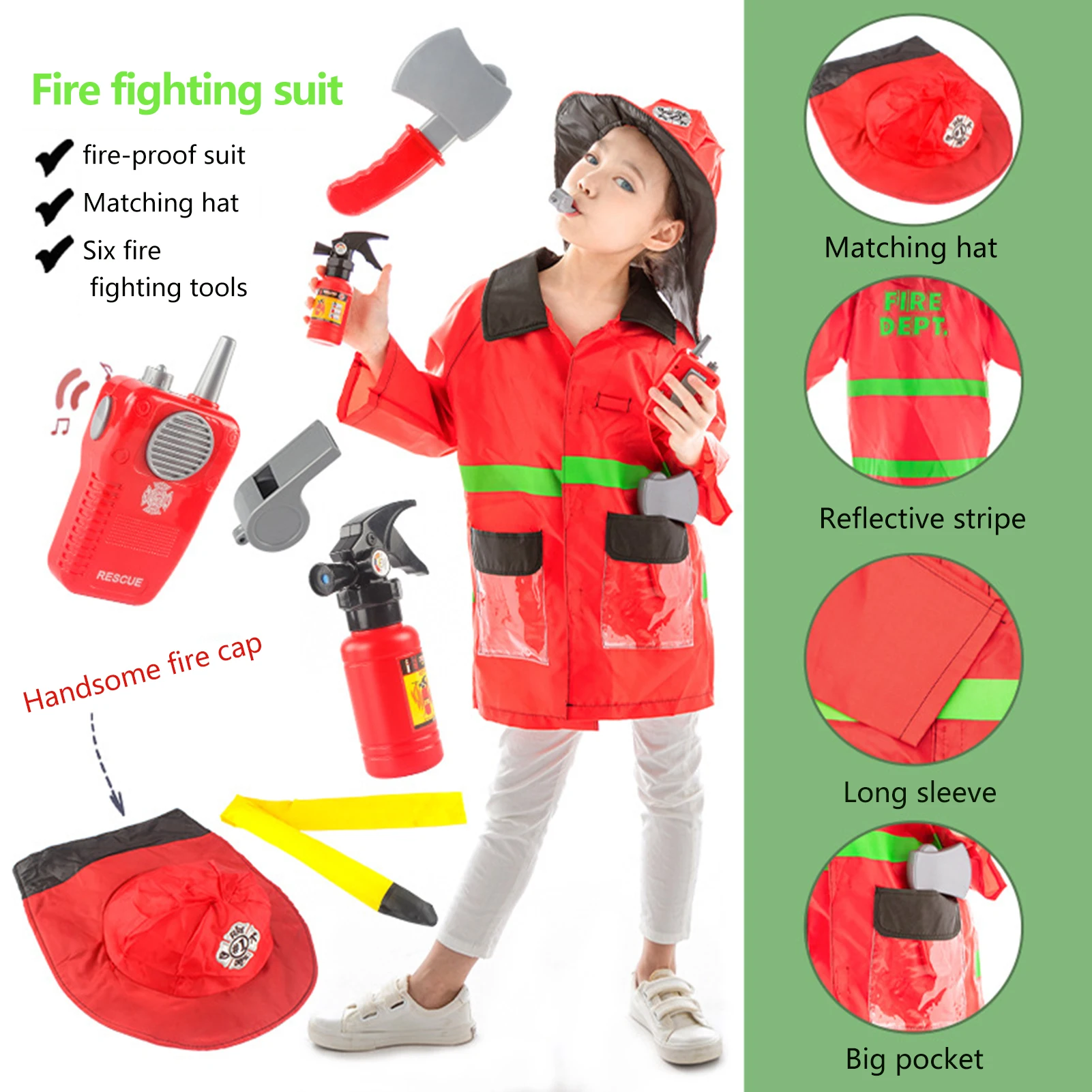 

Children's Firefighter Suit Role-playing Props Holiday Fireman Costume Toy For Kid Pretend Role Play Fire Fighting Tool Clothing