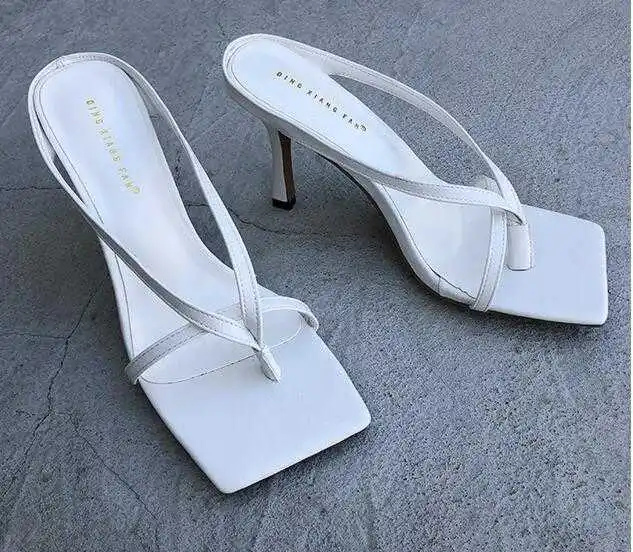

2021 new flat toe high heel slippers women's thin heel simple ribbon sexy fairy fashion summer sandals