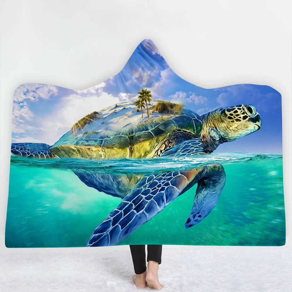 

3D Turtle Sea Animal Hooded Blanket Sherpa Fleece Ocean Blue Wearable Plush Thick Throw Blanket on Bed Sofa