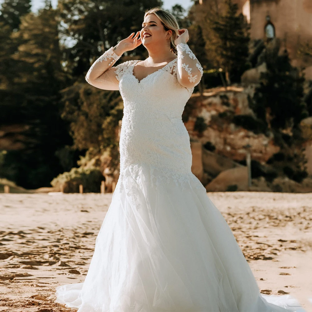 

VInca Sunny Plus Size Wedding Gowns Long Sleeves Lace Mermaid Bridal Dresses Applique Backless Corset Wedding Dress 2022