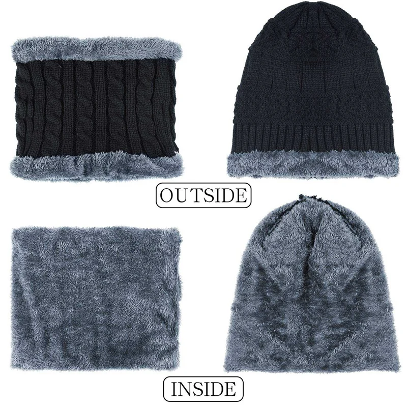 

Winter Knitted Beanie and Scarf Neck Gloves, Thick Wool Lining Cap for Boys and Girls, Warm Leggings, Black