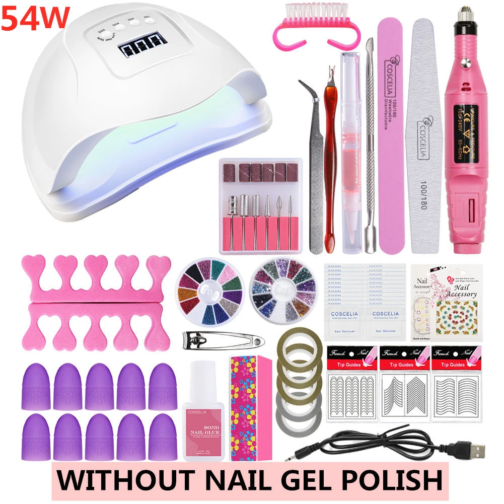 54W No Gel Set COSCELIA 54 Вт лампа с 10 шт. набор гель-лаков для ногтей инструменты для маникюра база верхнее покрытие ногтей наборы Электрический маникюр все для маникюра - Цвет: 54W No Gel Set