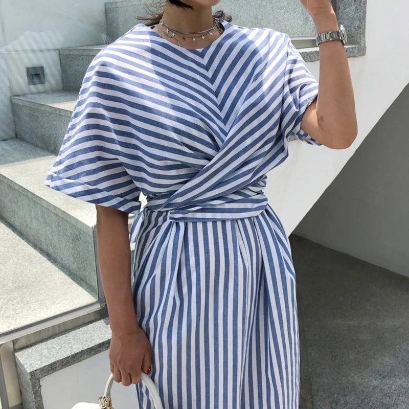 

2023 Sprig Summer New Fashion Striped Cross Bandage Dress Cotton Blue Split Bodycon Casual Plus Size Robe Vestidos Femme Dresses