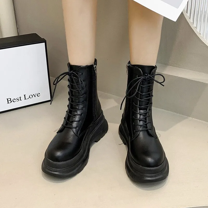 Short boots 2021 new fashion women's short boots snow boots PU leather side zipper non-slip warm shoes lace up black women boots