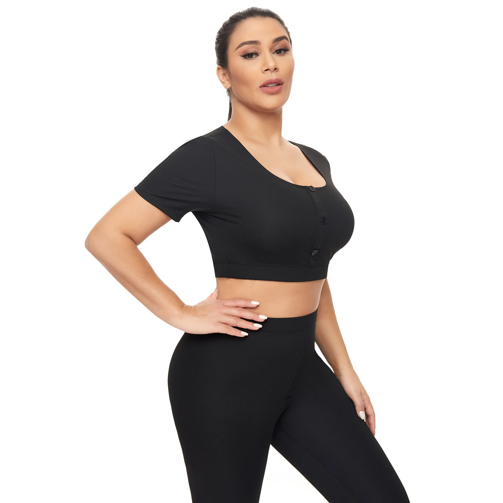 

2021 new pit bar knitted nylon slim fit hip lifting sports casual Leggings thick rib short women's top