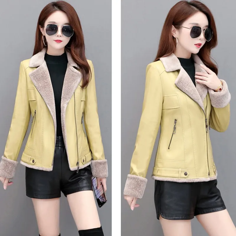 UHYTGF модная кожаная куртка для женщин Роскошные черные меховые плюс бархатные